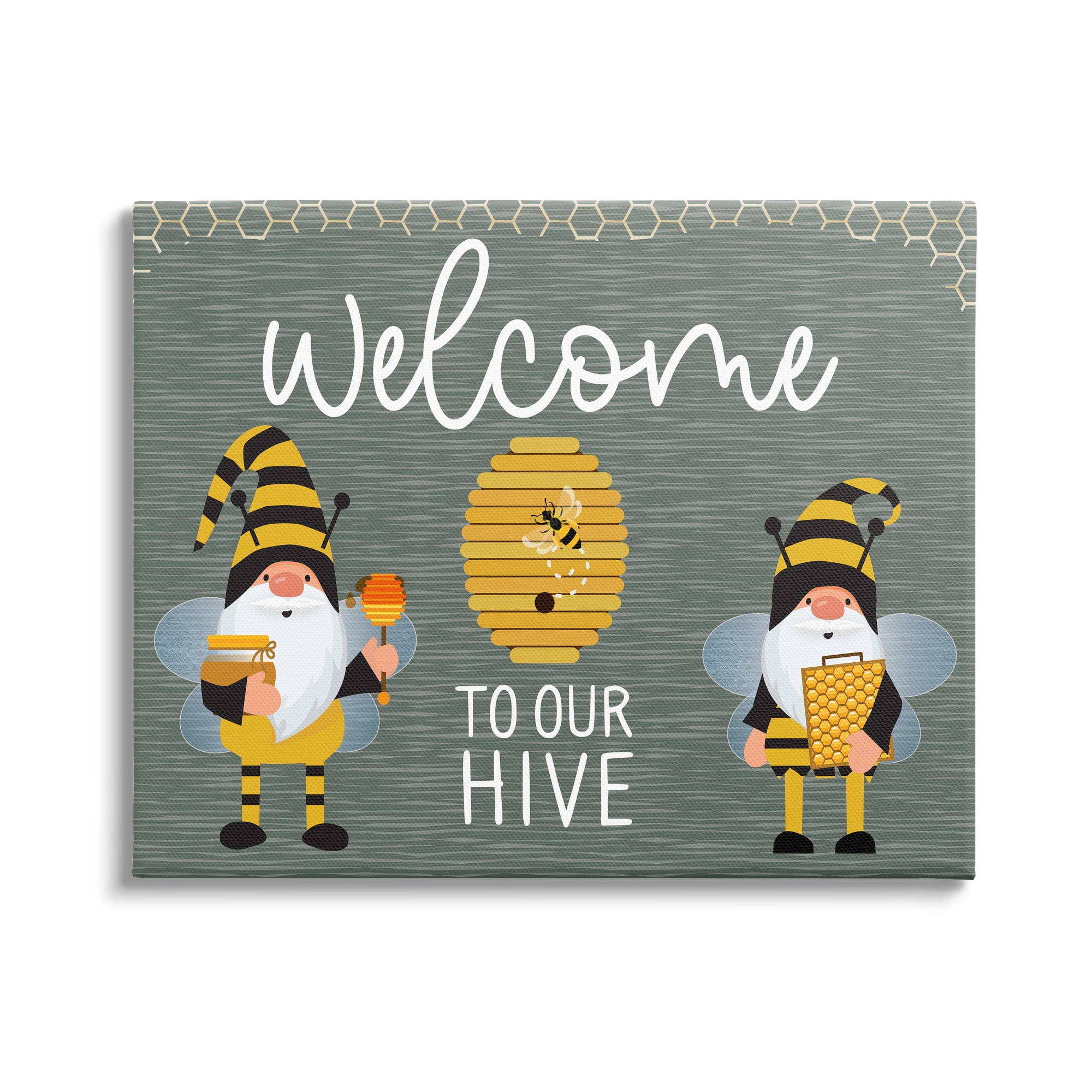 Stupell Industries Welcome To Our Hive Honey Bee Garden Gnomes Typography Canvas Wall Art, 30 x 24, Design by Linda Birtel