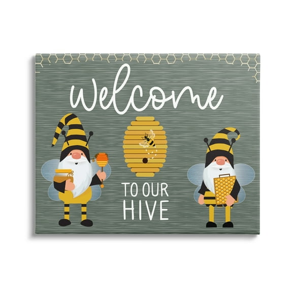 Stupell Industries Welcome To Our Hive Honey Bee Garden Gnomes Typography Canvas Wall Art, 40 x 30, Design by Linda Birtel