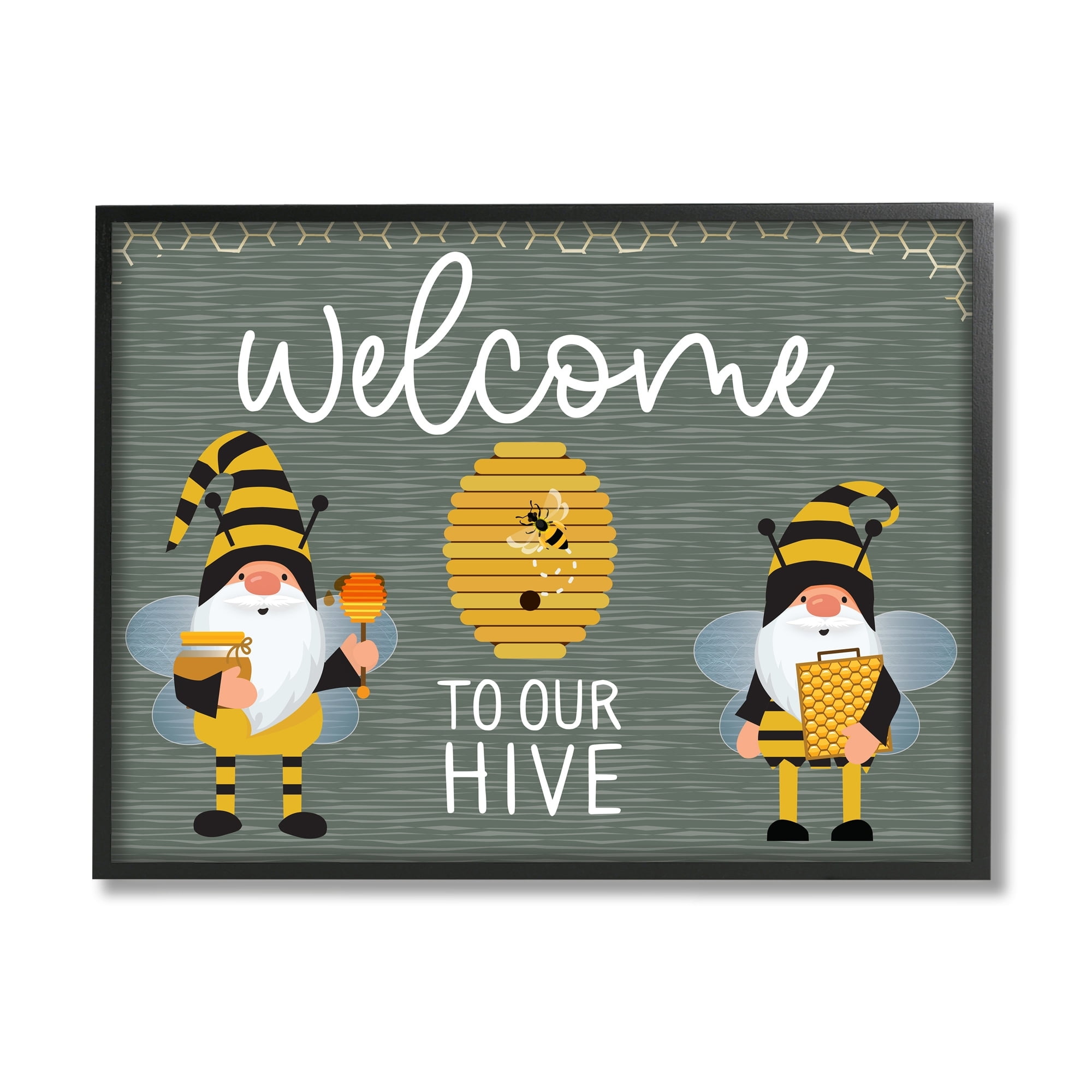 Stupell Industries Welcome To Our Hive Honey Bee Garden Gnomes Typography Framed Wall Art, 30 x 24, Design by Linda Birtel