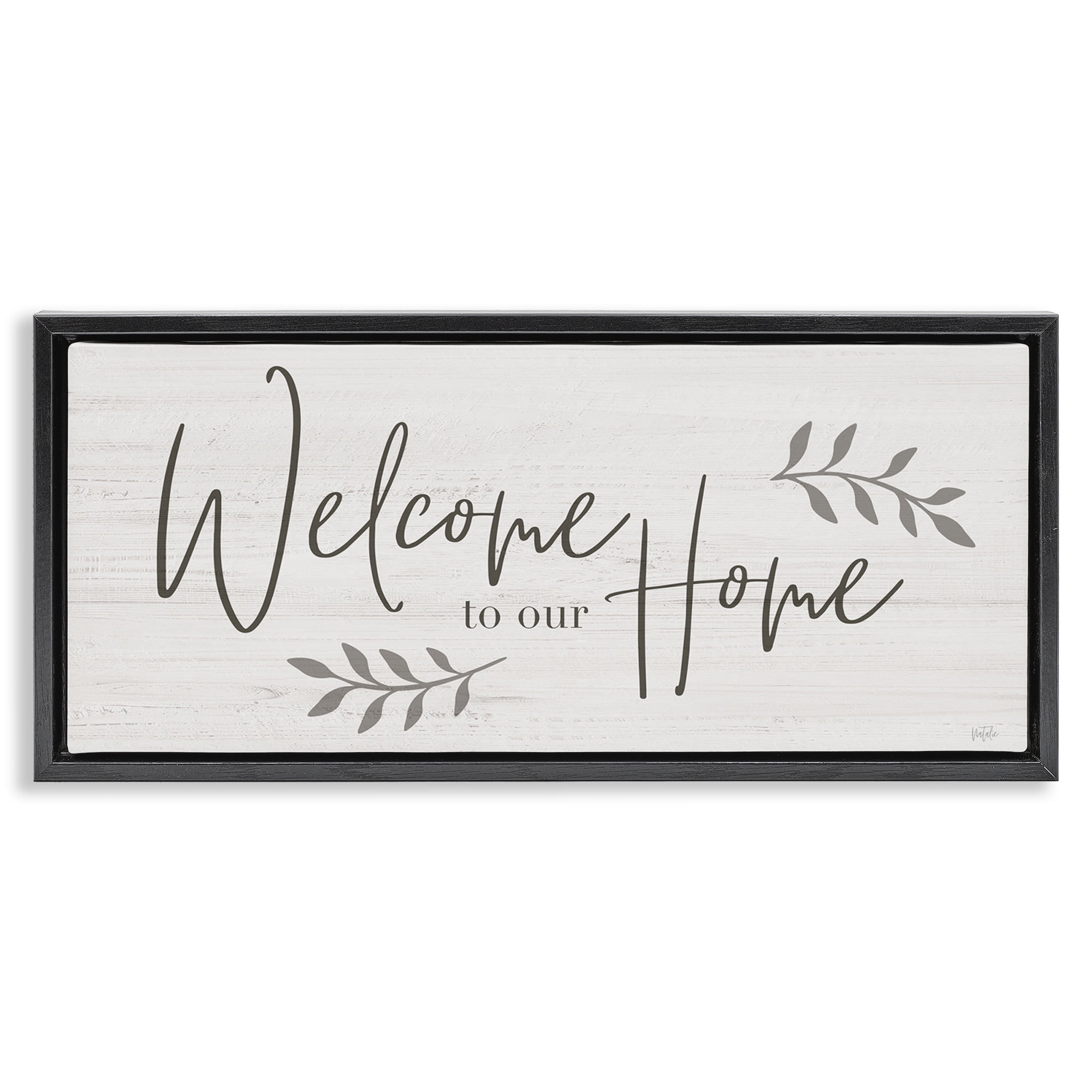 Stupell Industries Welcome To Our Home Country Sign Botanical & Floral Painting Black Floater Framed Canvas Art Print Wall Art, 25 x 11