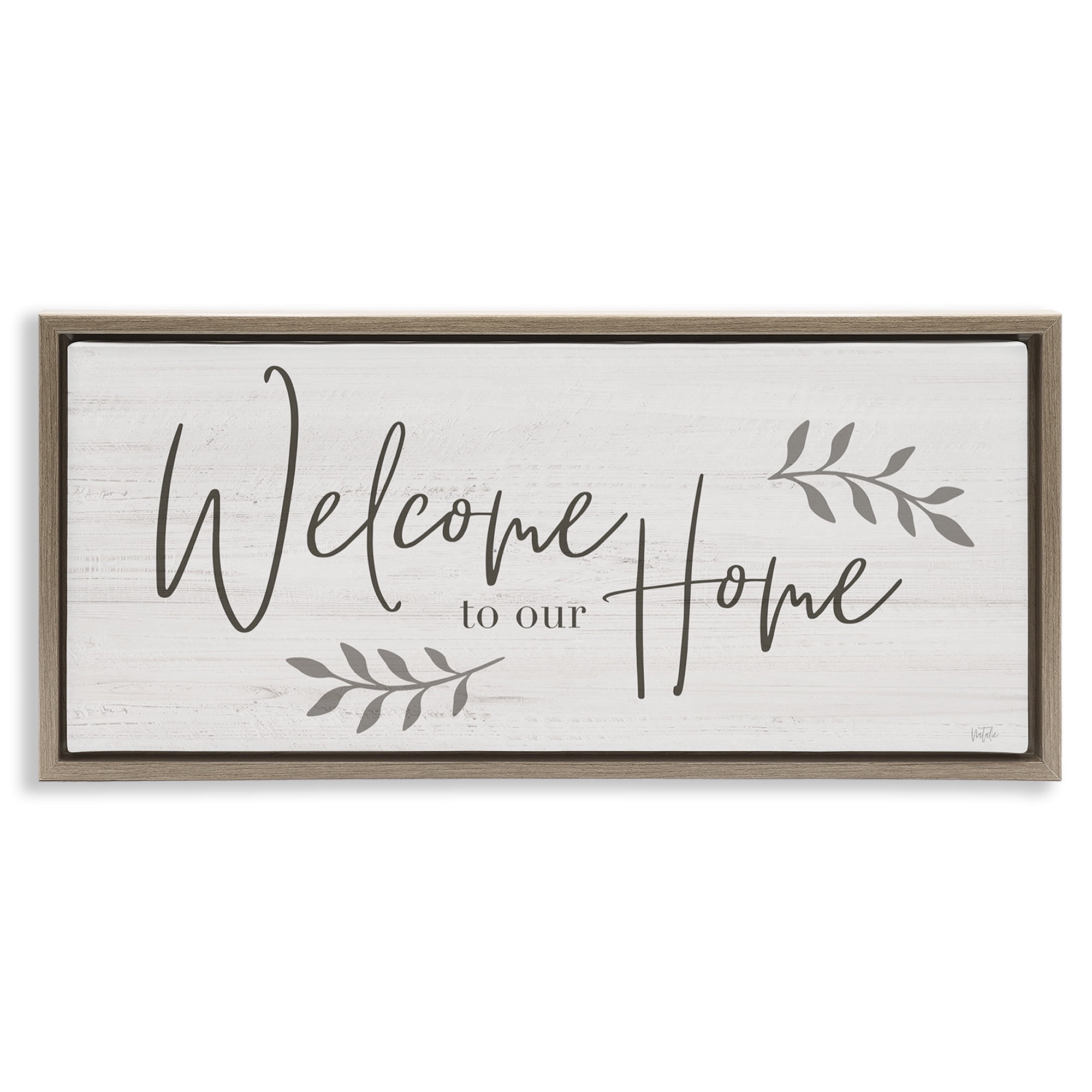 Stupell Industries Welcome To Our Home Country Sign Botanical & Floral Painting Brown Floater Framed Canvas Art Print Wall Art, 25 x 11