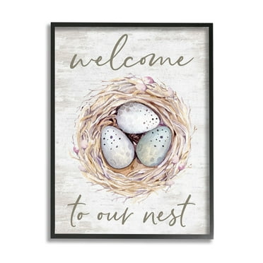 Stupell Industries Welcome To Our Nest Rustic Bird Egg Sign Graphic Art Black Framed Art Print Wall Art, Design by Lettered and Lined
