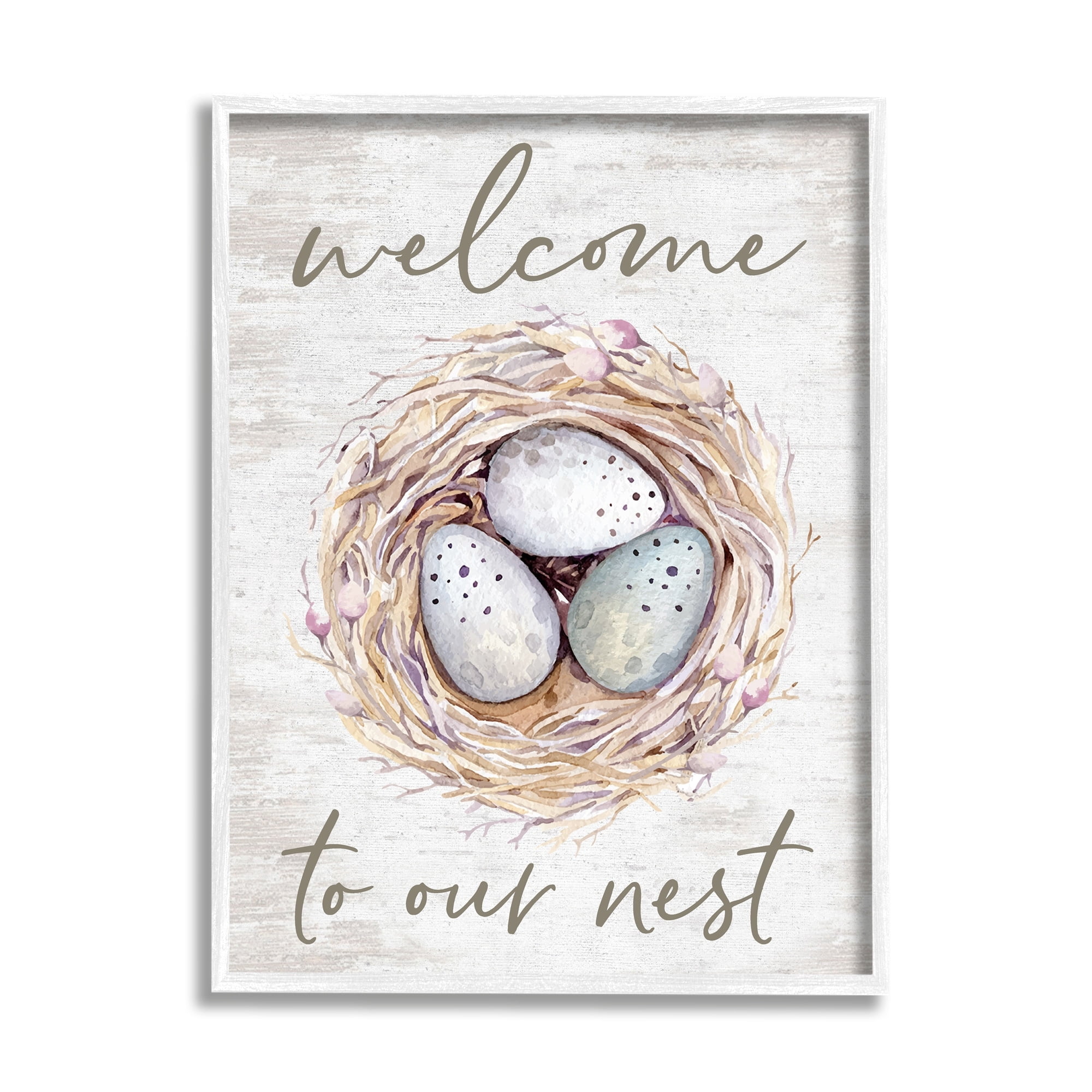 Stupell Industries Welcome To Our Nest Rustic Bird Egg Sign Graphic Art White Framed Art Print Wall Art, Design by Lettered and Lined