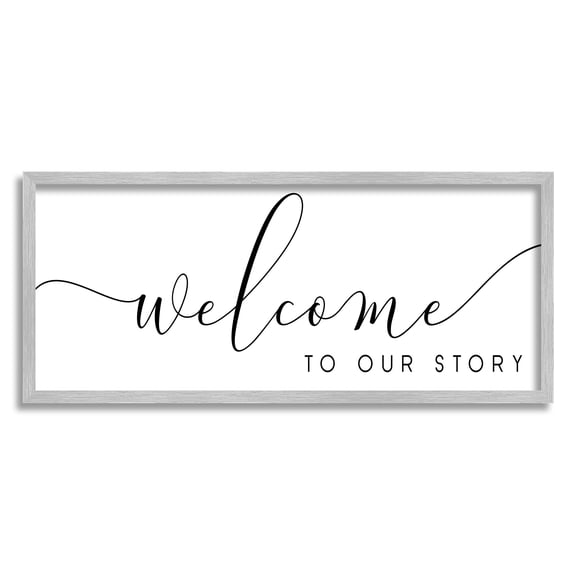 Stupell Industries Welcome To Our Story Fancy Loving Cursive Script Graphic Art Gray Framed Art Print Wall Art, Design by Anna Quach