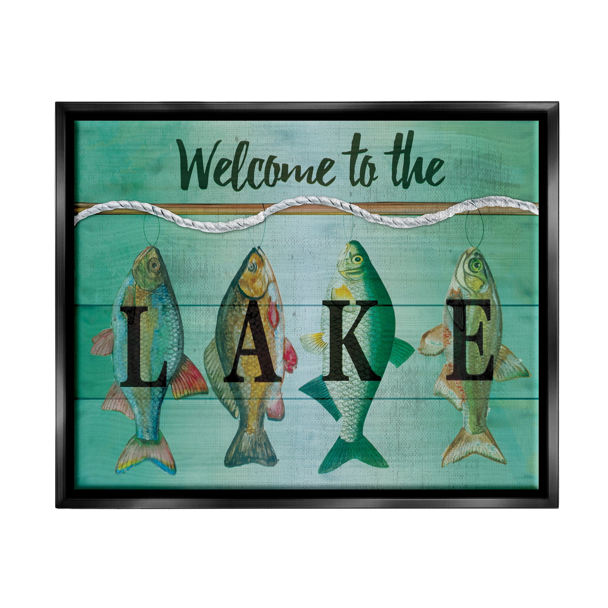Stupell Industries Welcome To The Lake Fishing Rope Coastal Painting Black Floater Framed Art Print Wall Art