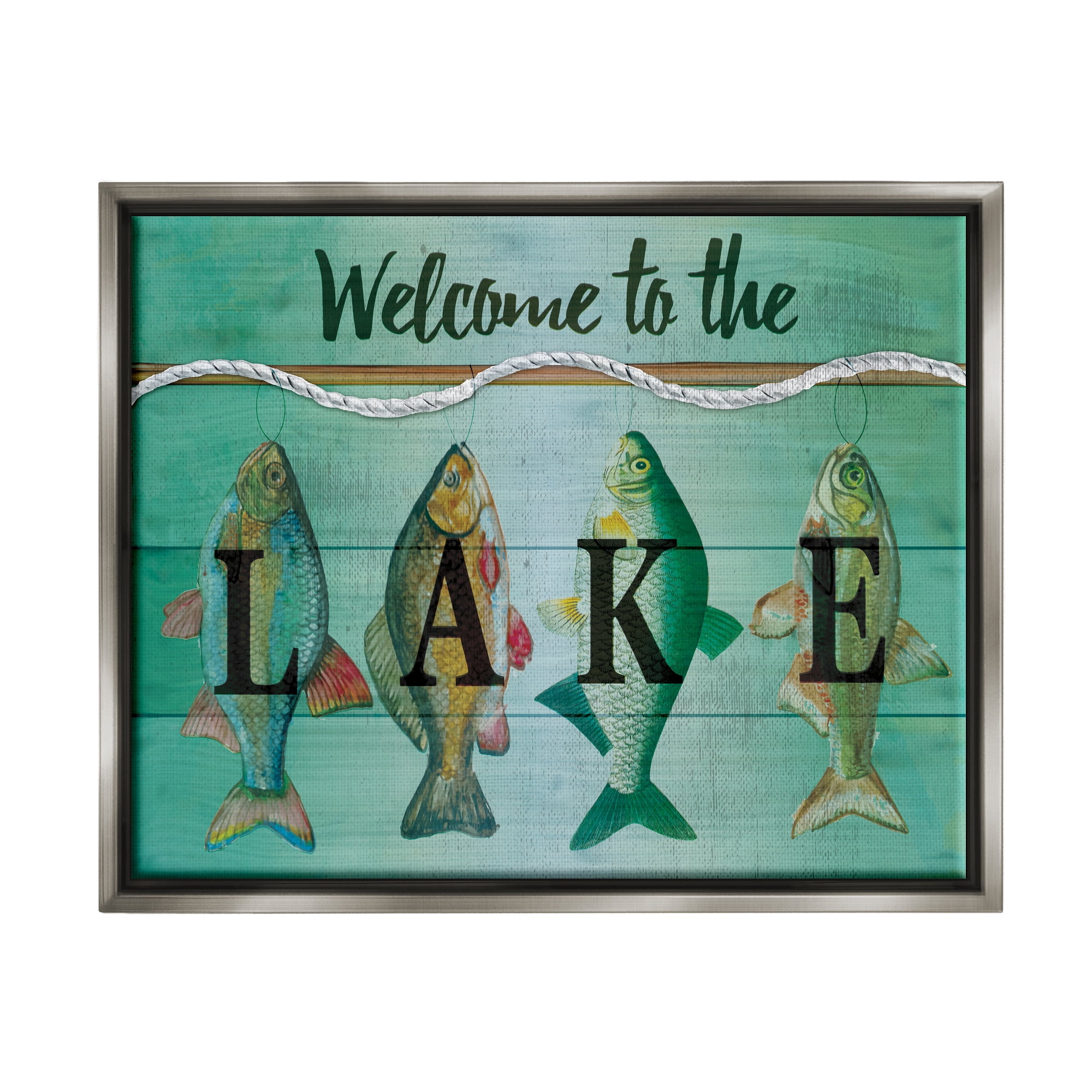Stupell Industries Welcome To The Lake Fishing Rope Coastal Painting Gray Floater Framed Art Print Wall Art