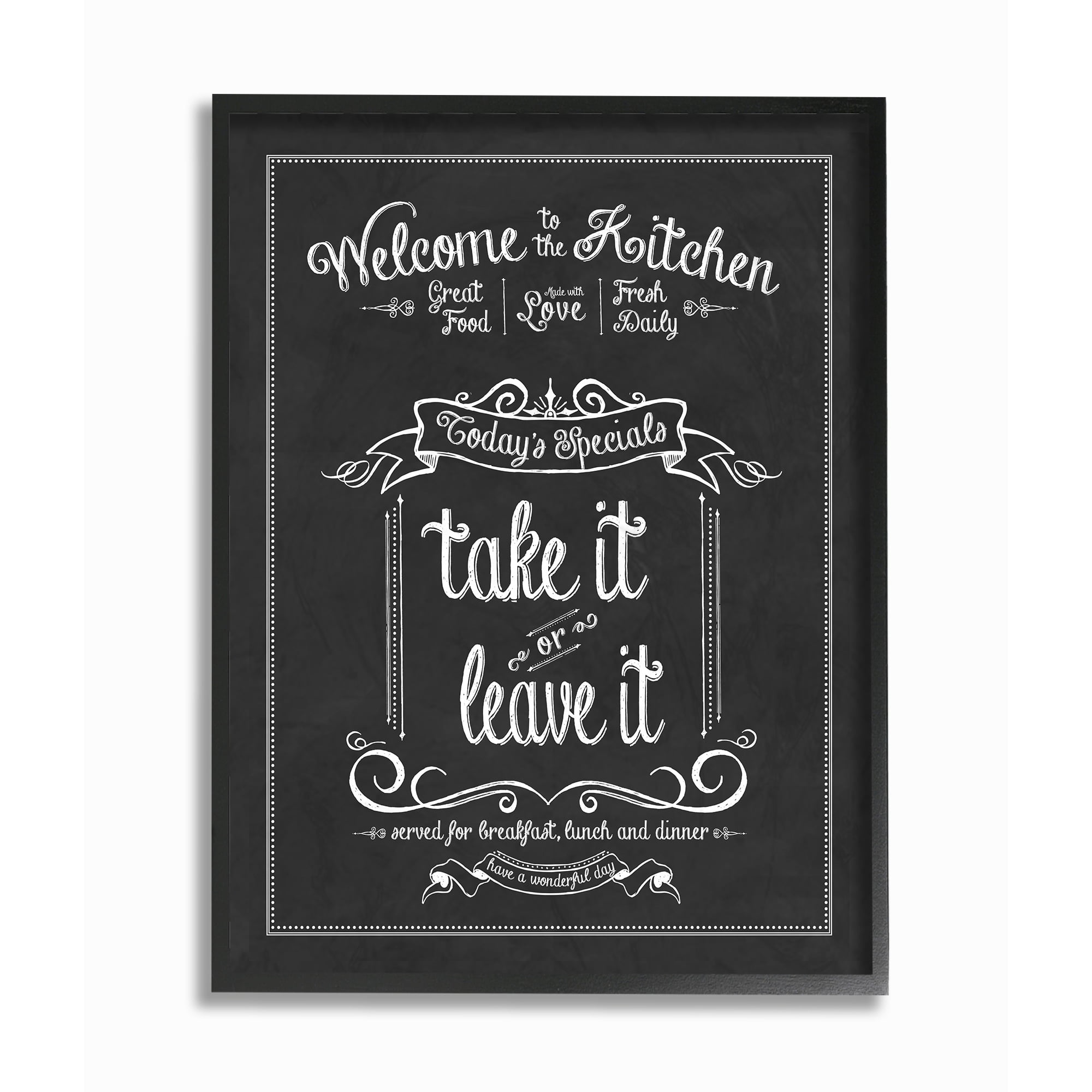 Stupell Industries Welcome To the Kitchen Chalkboard Style Vintage Sign Food & Beverage Painting Black Framed Art Print Wall Art, 11 x 14
