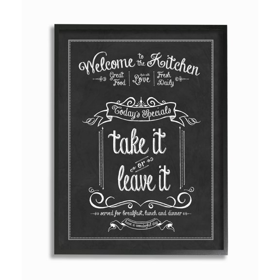 Stupell Industries Welcome To the Kitchen Chalkboard Style Vintage Sign Food & Beverage Painting Black Framed Art Print Wall Art, 11 x 14
