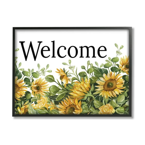 Stupell Industries Welcome Typography Sign Blooming Sunflower Field Graphic Art Black Framed Art Print Wall Art, Design by Cindy Jacobs