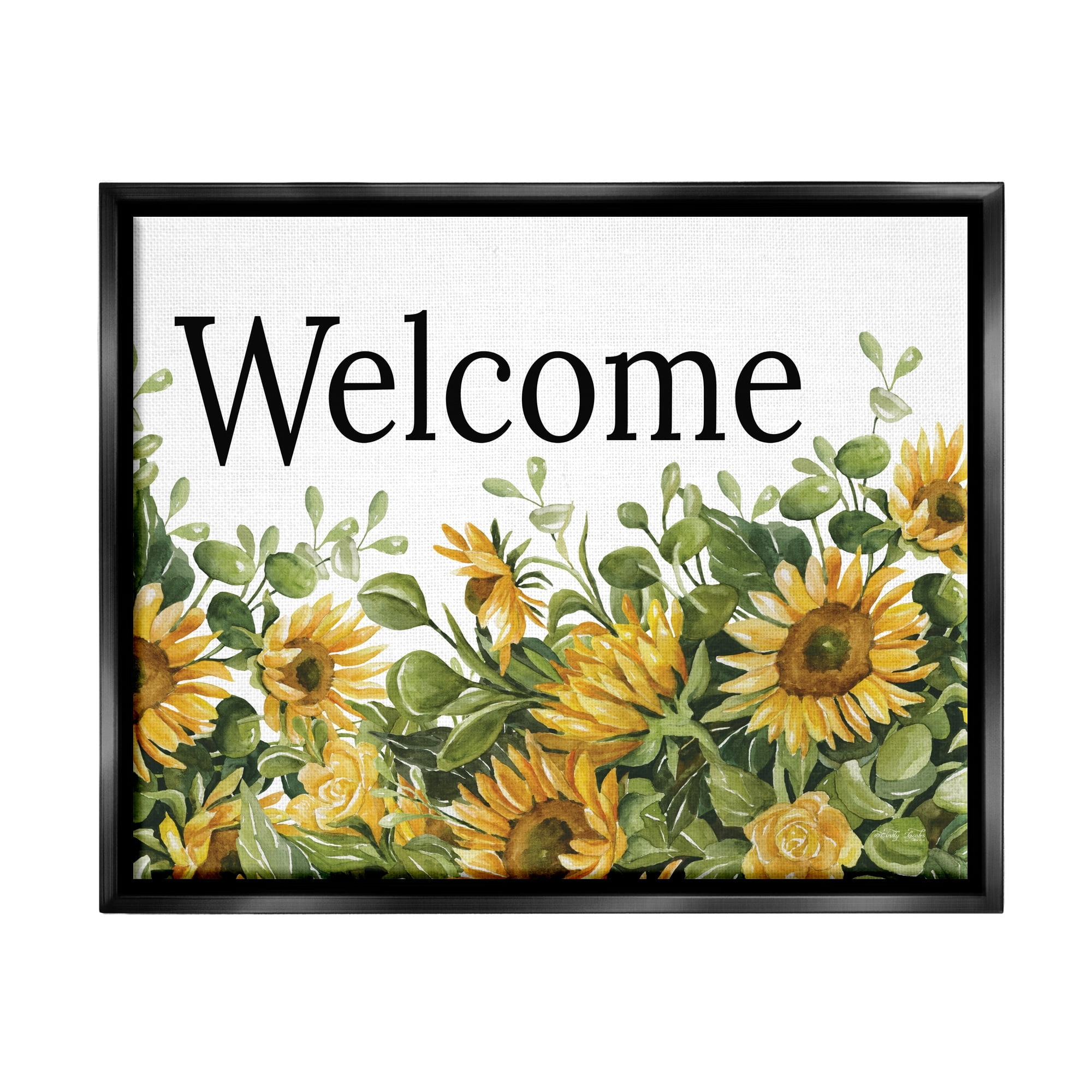 Stupell Industries Welcome Typography Sign Blooming Sunflower Field Graphic Art Jet Black Floating Framed Canvas Print Wall Art, Design by Cindy Jacobs