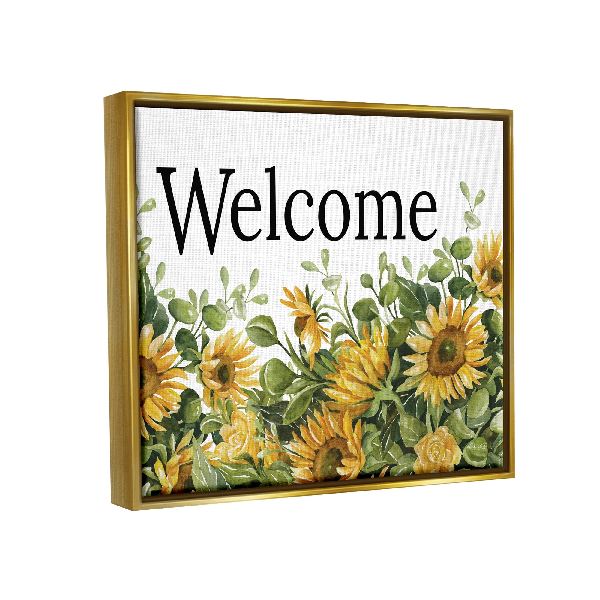 Stupell Industries Welcome Typography Sign Blooming Sunflower Field Graphic Art Metallic Gold Floating Framed Canvas Print Wall Art, Design by Cindy Jacobs