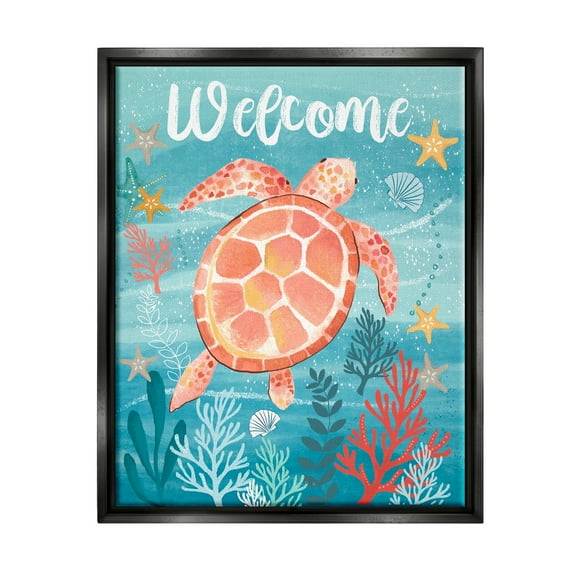 Stupell Industries Welcome Underwater Turtle Scene Animals & Insects Painting Black Floater Framed Canvas Art Print Wall Art, 17 x 21