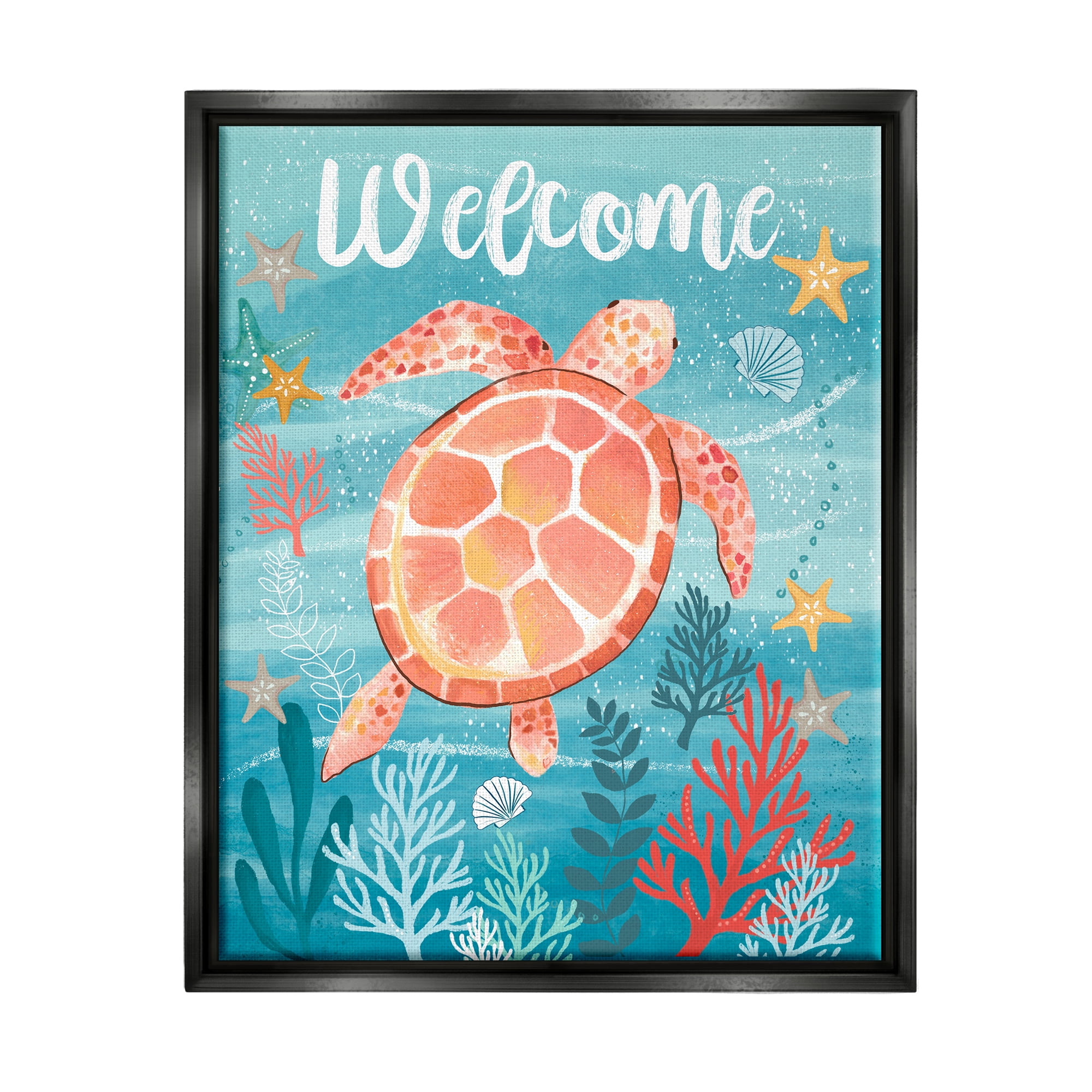 Stupell Industries Welcome Underwater Turtle Scene Animals & Insects Painting Black Floater Framed Canvas Art Print Wall Art, 25 x 31