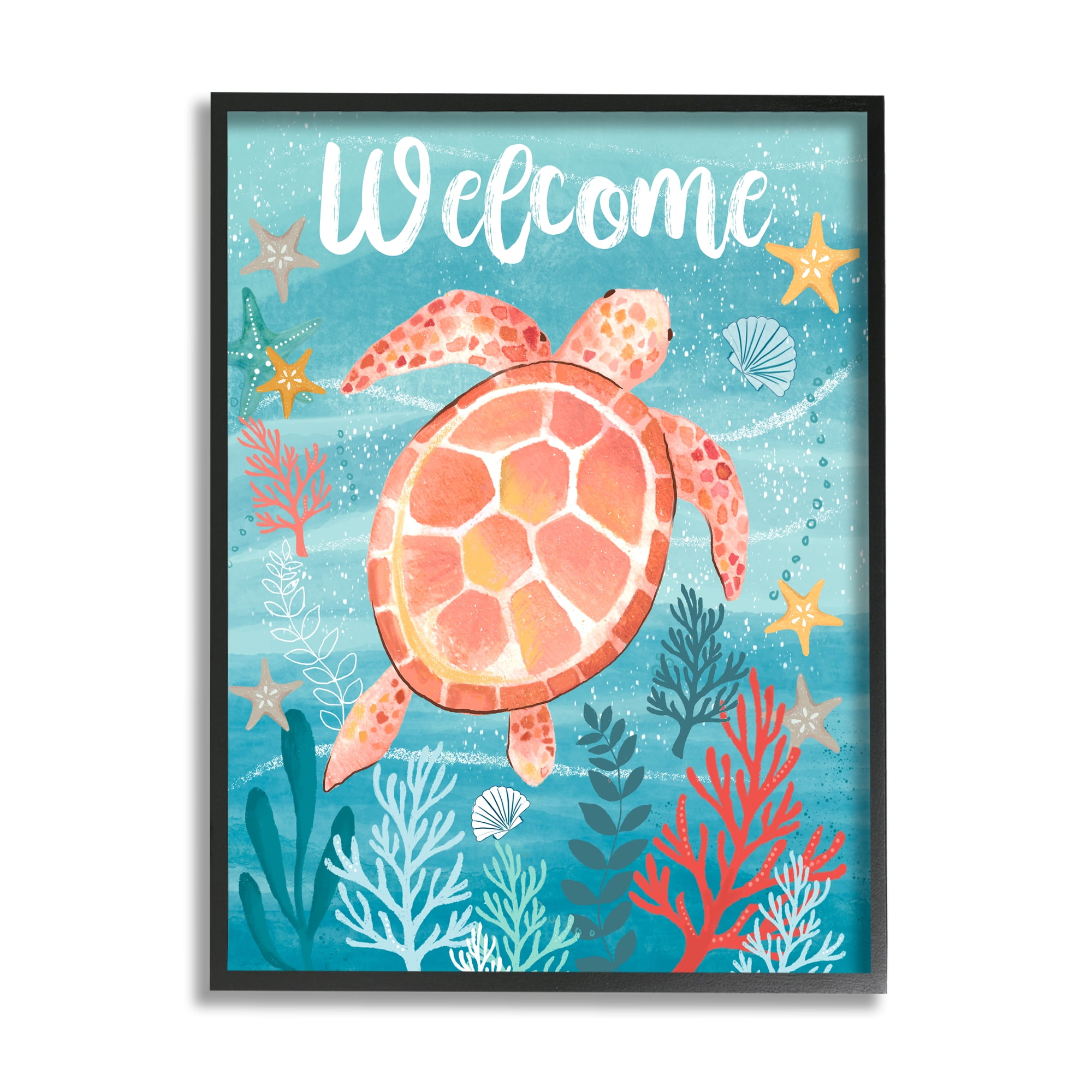 Stupell Industries Welcome Underwater Turtle Scene Animals & Insects Painting Black Framed Art Print Wall Art, 16 x 20