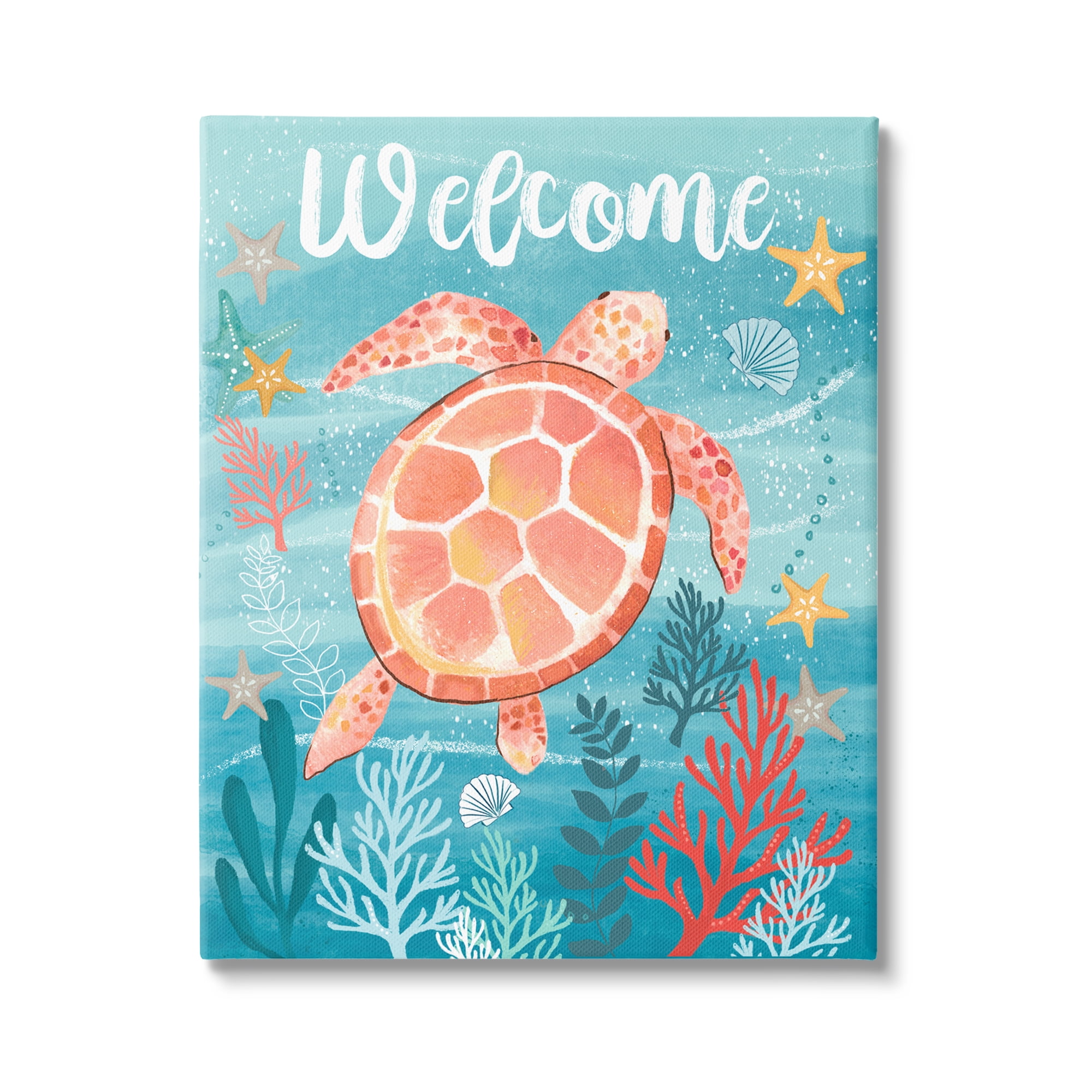 Stupell Industries Welcome Underwater Turtle Scene Animals & Insects Painting Gallery Wrapped Canvas Art Print Wall Art, 16 x 20