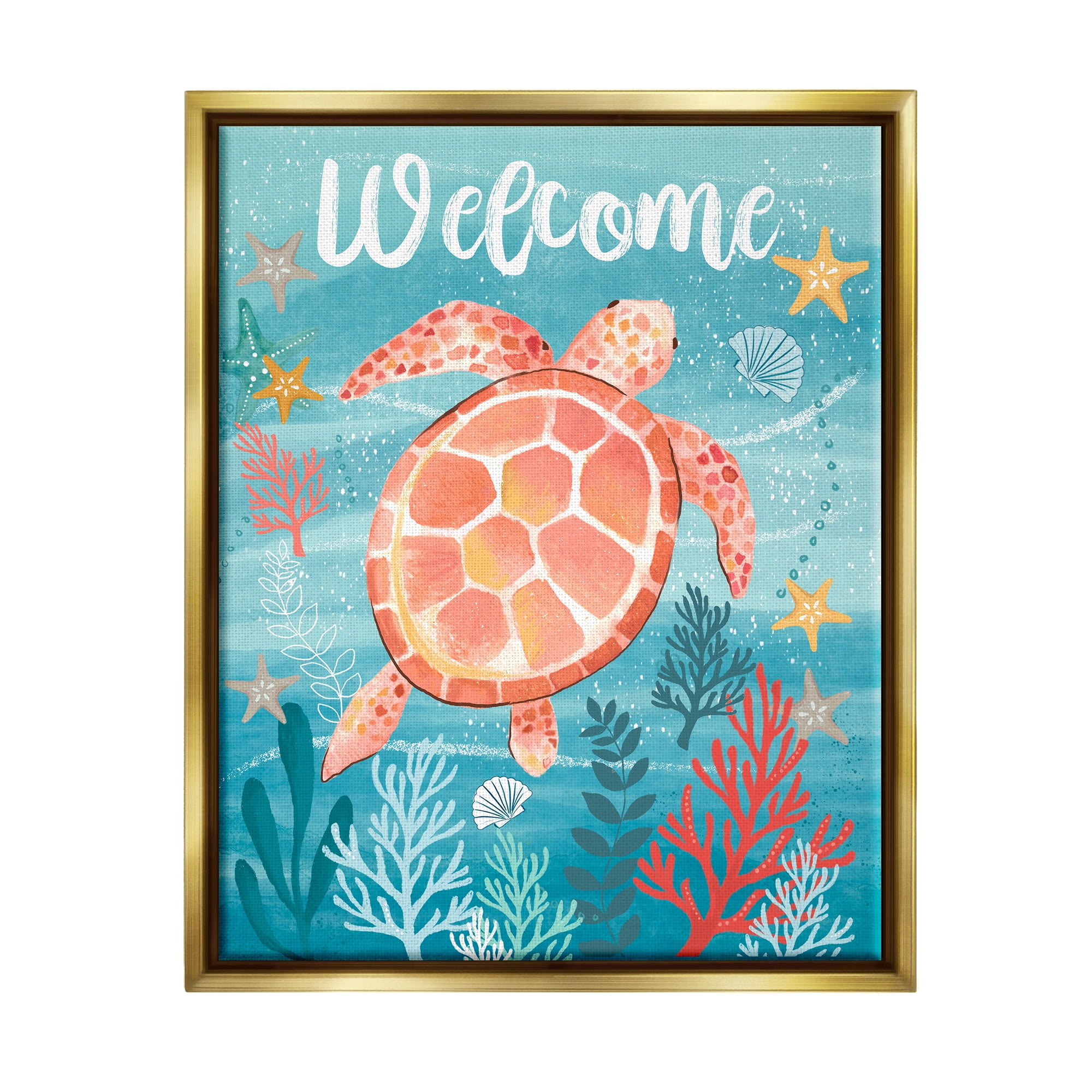 Stupell Industries Welcome Underwater Turtle Scene Animals & Insects Painting Gold Floater Framed Canvas Art Print Wall Art, 25 x 31