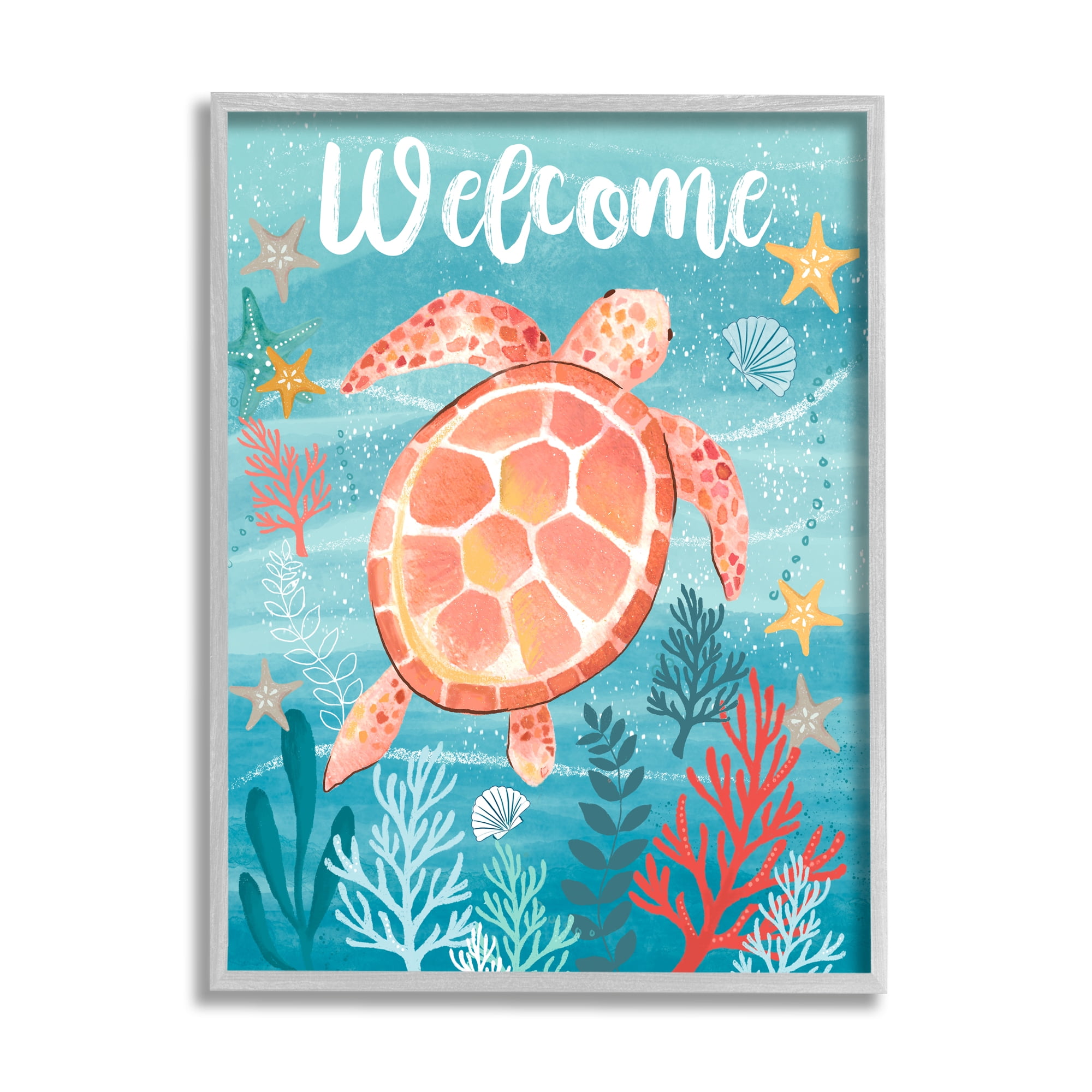 Stupell Industries Welcome Underwater Turtle Scene Animals & Insects Painting Gray Framed Art Print Wall Art, 16 x 20