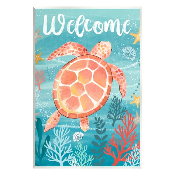 Stupell Industries Welcome Underwater Turtle Scene Animals & Insects Painting Unframed Art Print Wall Art, 10 x 15