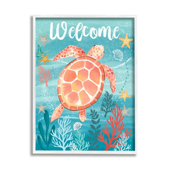 Stupell Industries Welcome Underwater Turtle Scene Animals & Insects Painting White Framed Art Print Wall Art, 16 x 20