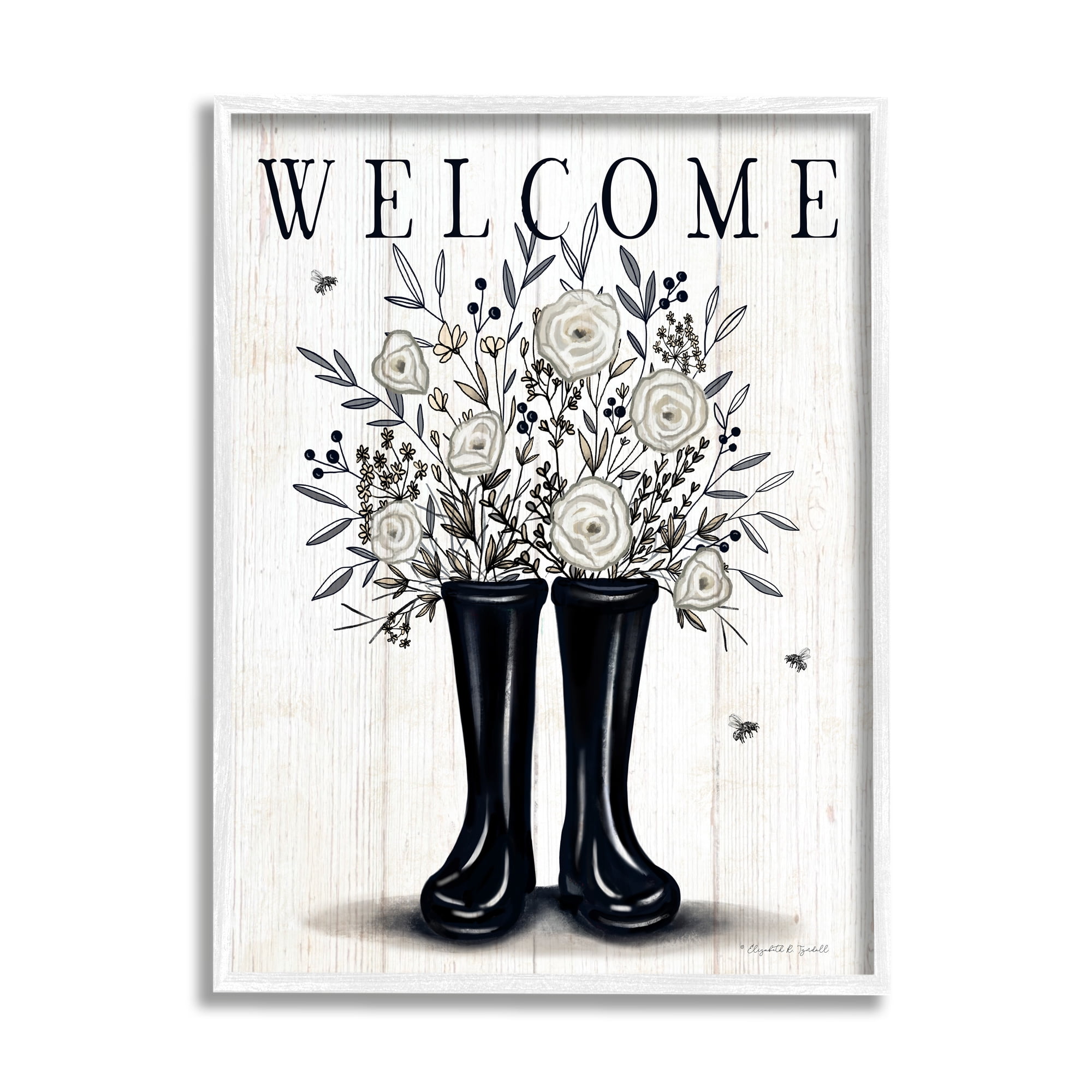Welcome White Roses Gardening Boots Outdoors Insect Sign Inspirational Graphic Art Framed Art Print Wall Art
