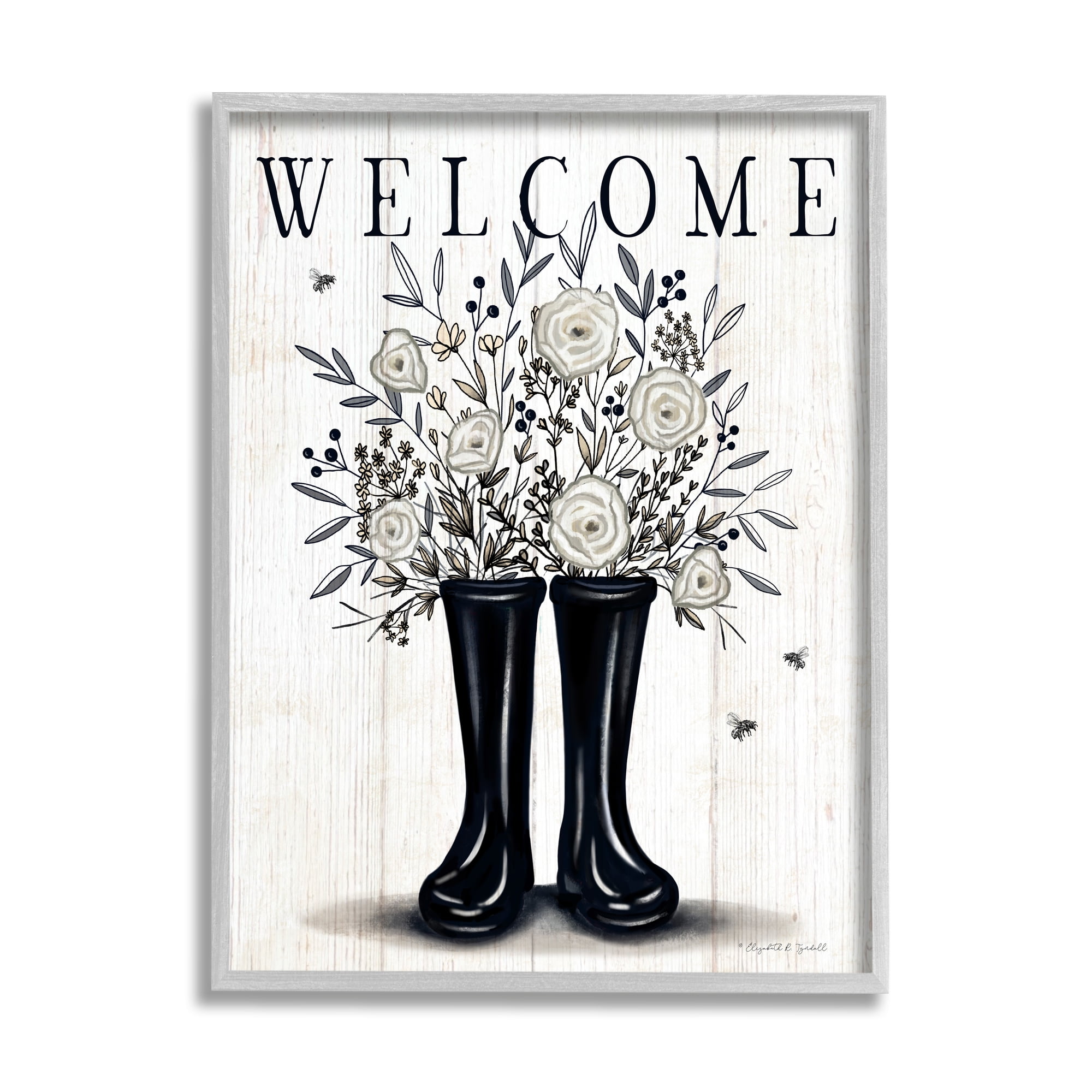 Stupell Industries Welcome White Roses Gardening Boots Outdoors Insect Sign,11 x 14, Design by Elizabeth Tyndall