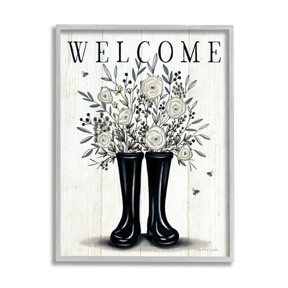 Stupell Industries Welcome White Roses Gardening Boots Outdoors Insect Sign,11 x 14, Design by Elizabeth Tyndall