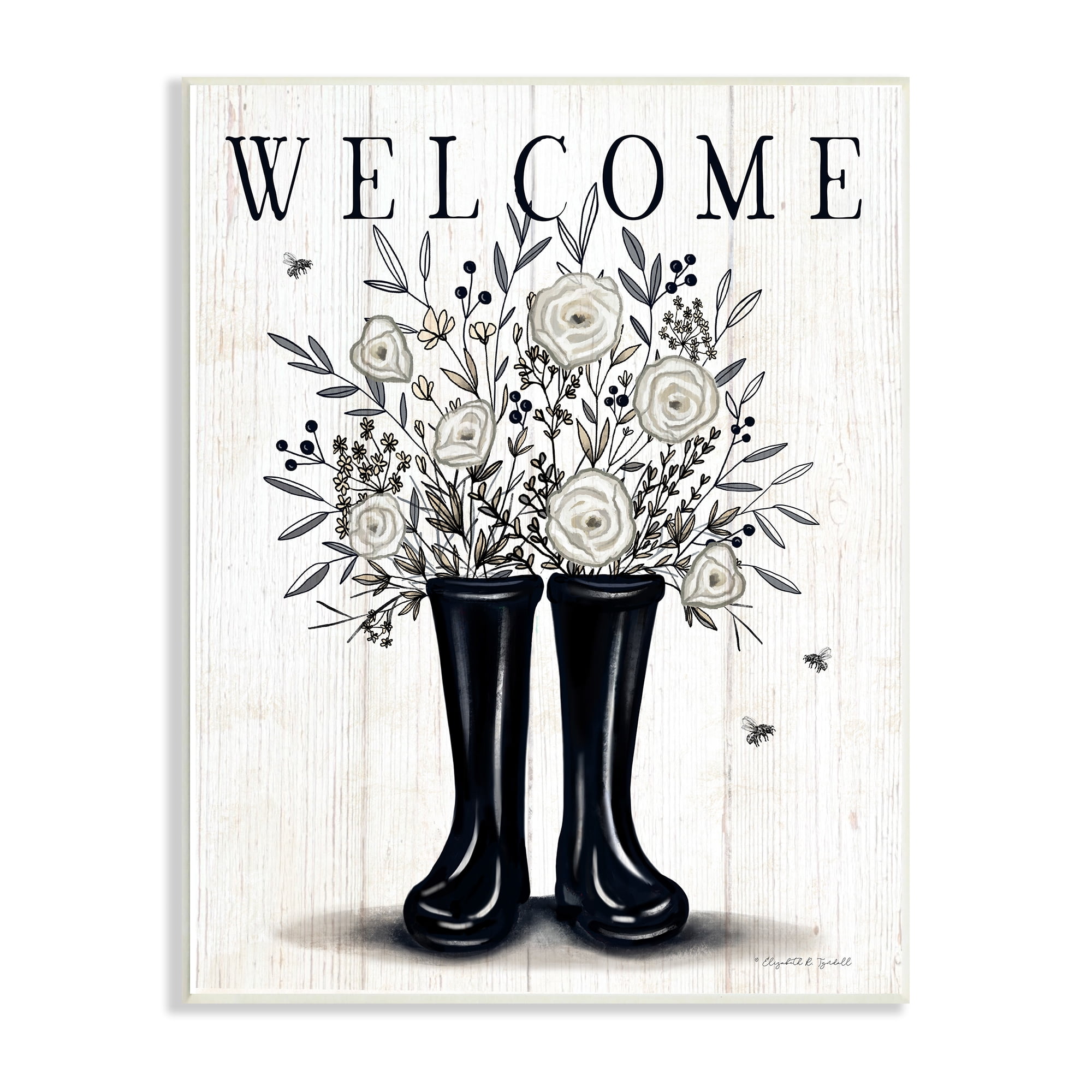 Stupell Industries Welcome White Roses Gardening Boots Outdoors Insect Sign,13 x 19, Design by Elizabeth Tyndall