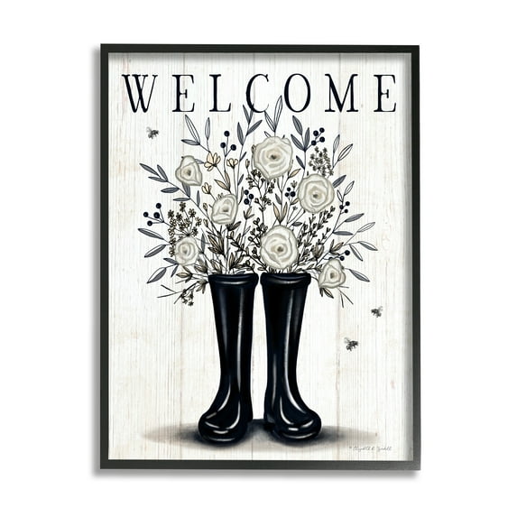 Stupell Industries Welcome White Roses Gardening Boots Outdoors Insect Sign,16 x 20, Design by Elizabeth Tyndall