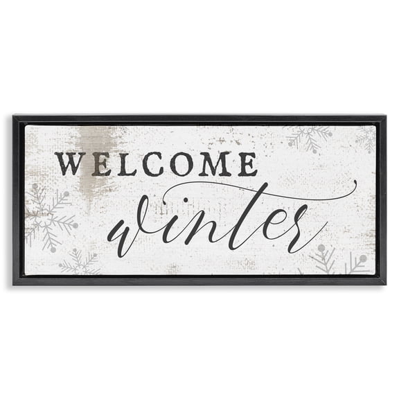 Stupell Industries Welcome Winter Snowflake Pattern Holiday Painting Black Floater Framed Canvas Art Print Wall Art, 31 x 14