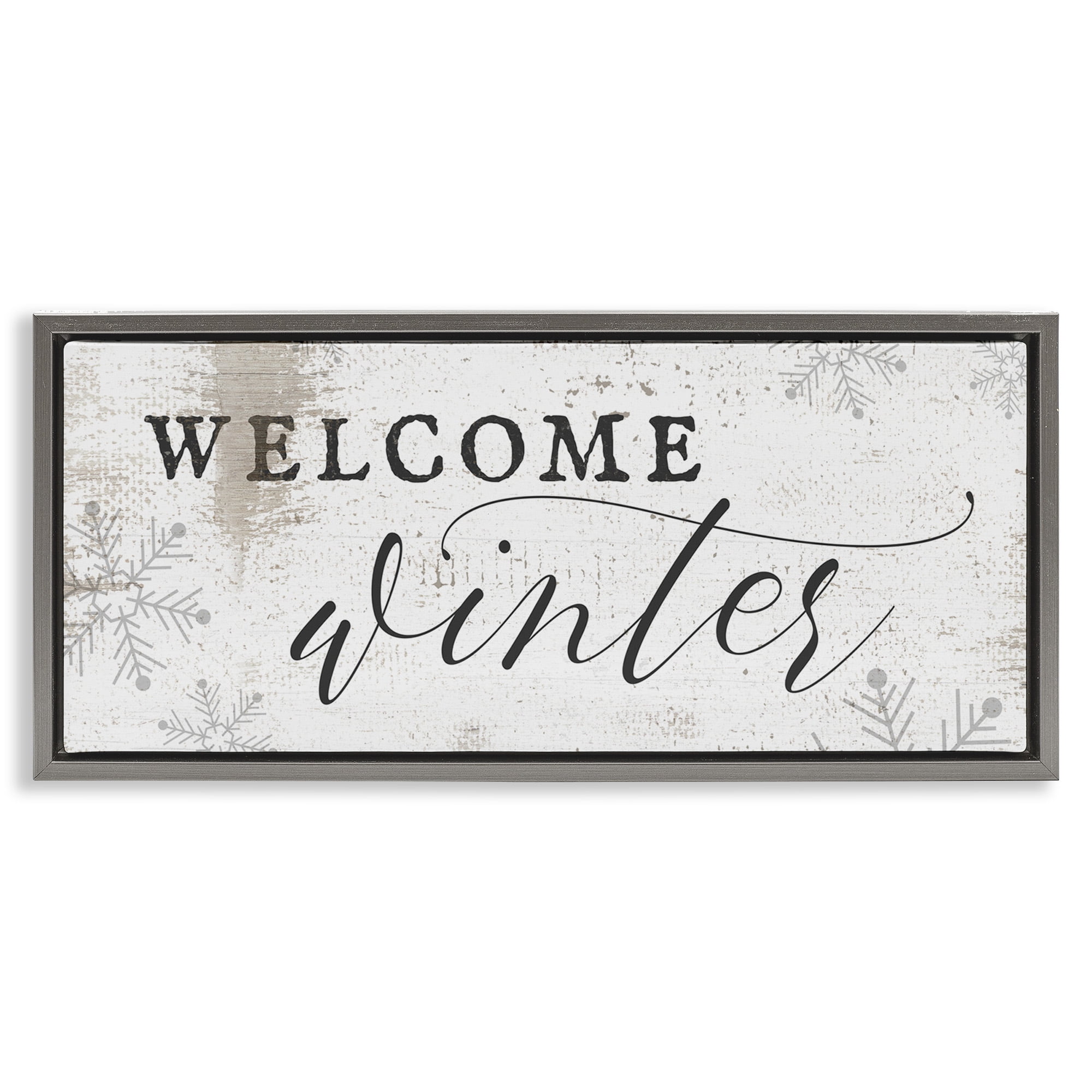 Stupell Industries Welcome Winter Snowflake Pattern Holiday Painting Gray Floater Framed Canvas Art Print Wall Art, 31 x 14