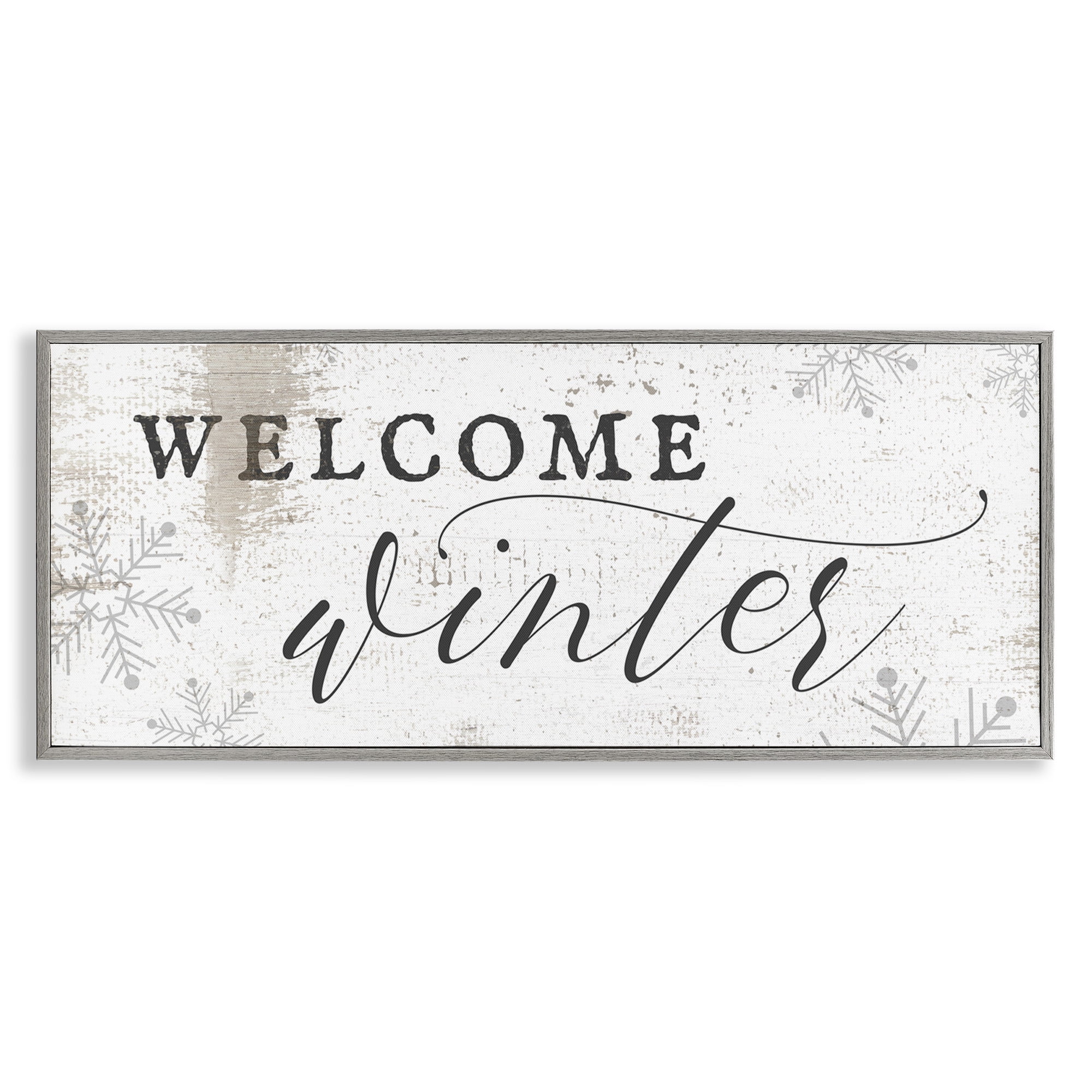Stupell Industries Welcome Winter Snowflake Pattern Holiday Painting Gray Framed Art Print Wall Art, 24 x 10