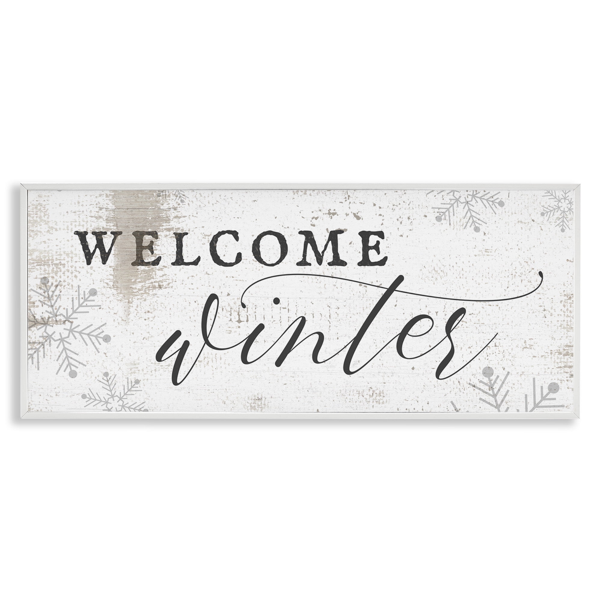 Stupell Industries Welcome Winter Snowflake Pattern Holiday Painting White Framed Art Print Wall Art, 30 x 13