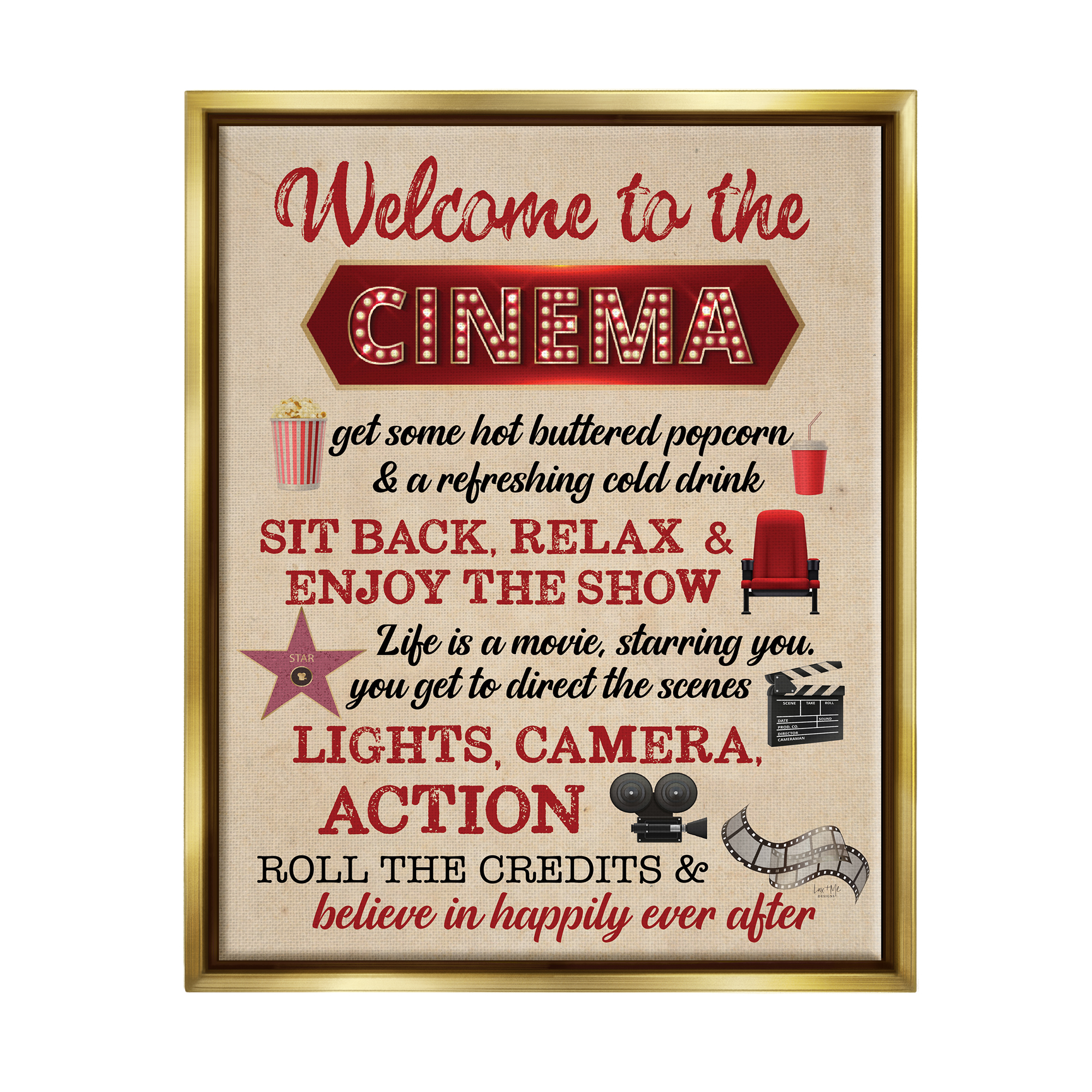 Stupell Industries Welcome to Cinema Rules Beauty & Fashion Painting Gold Floater Framed Art Print Wall Art, 17 x 21