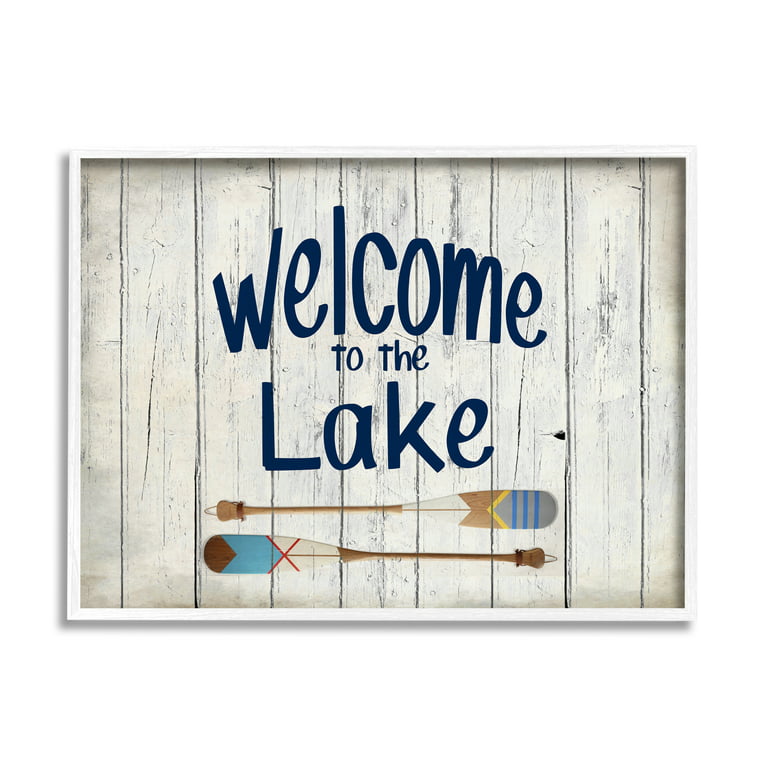 Stupell Industries Welcome to Lake Greeting Boat Oars Lakehouse Blue Greeting White Framed Giclee, 24 x 30