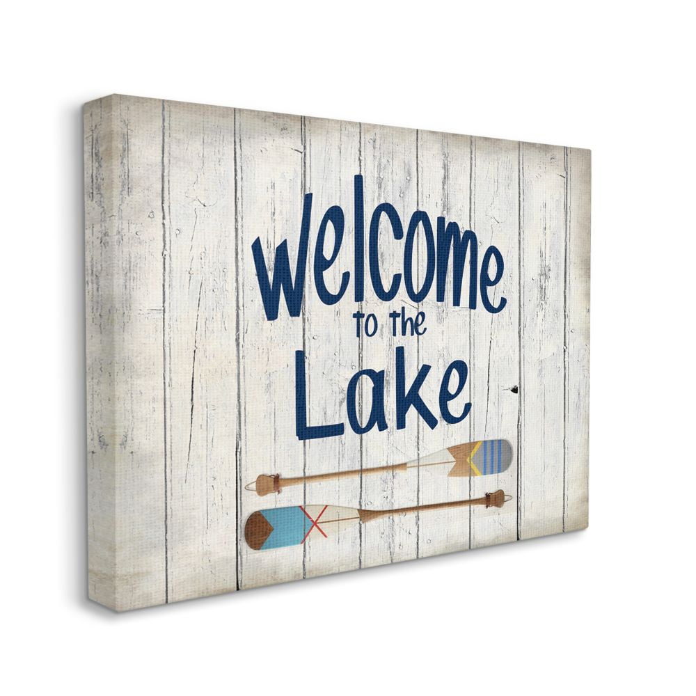 Stupell Industries Welcome to Lake Greeting Boat Oars Lakehouse Blue Greeting Canvas Wall Art Design by Kim Allen, 16" x 20"