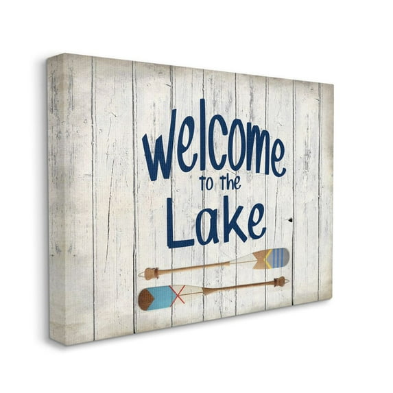 Stupell Industries Welcome to Lake Greeting Boat Oars Lakehouse Blue Greeting Canvas Wall Art Design by Kim Allen, 24" x 30"