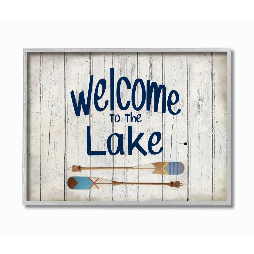 Welcome to the Lake Blue and Gray Canvas Print with Wood Frame