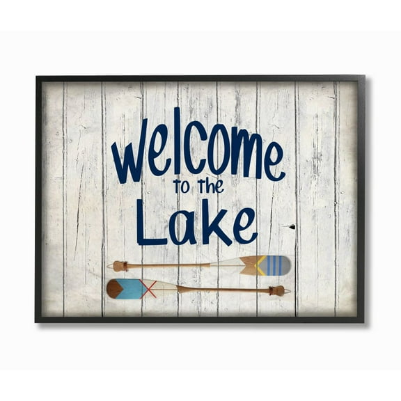 Stupell Industries Welcome to Lake Greeting Boat Oars Lakehouse Blue Greeting Framed Wall Art Design by Kim Allen, 16" x 20", Black Framed