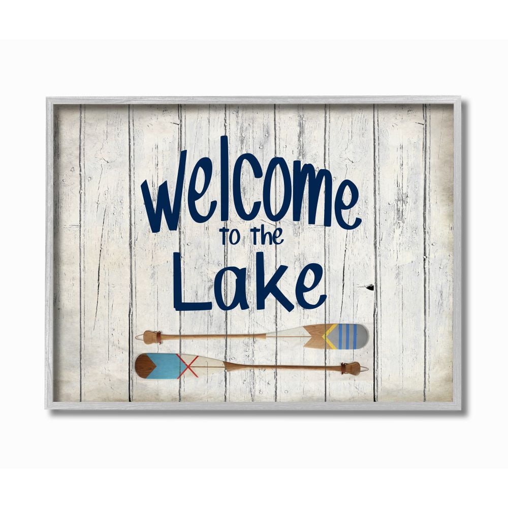 Stupell Industries Welcome to Lake Greeting Boat Oars Lakehouse Blue Greeting Framed Wall Art Design by Kim Allen, 16" x 20", Gray Framed