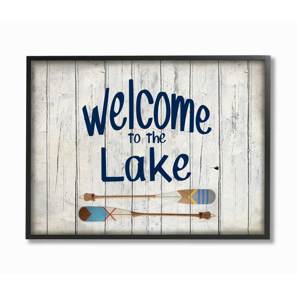 Stupell Industries Welcome to Lake Greeting Boat Oars Lakehouse Blue Greeting Framed Wall Art Design by Kim Allen, 24" x 30", Black Framed