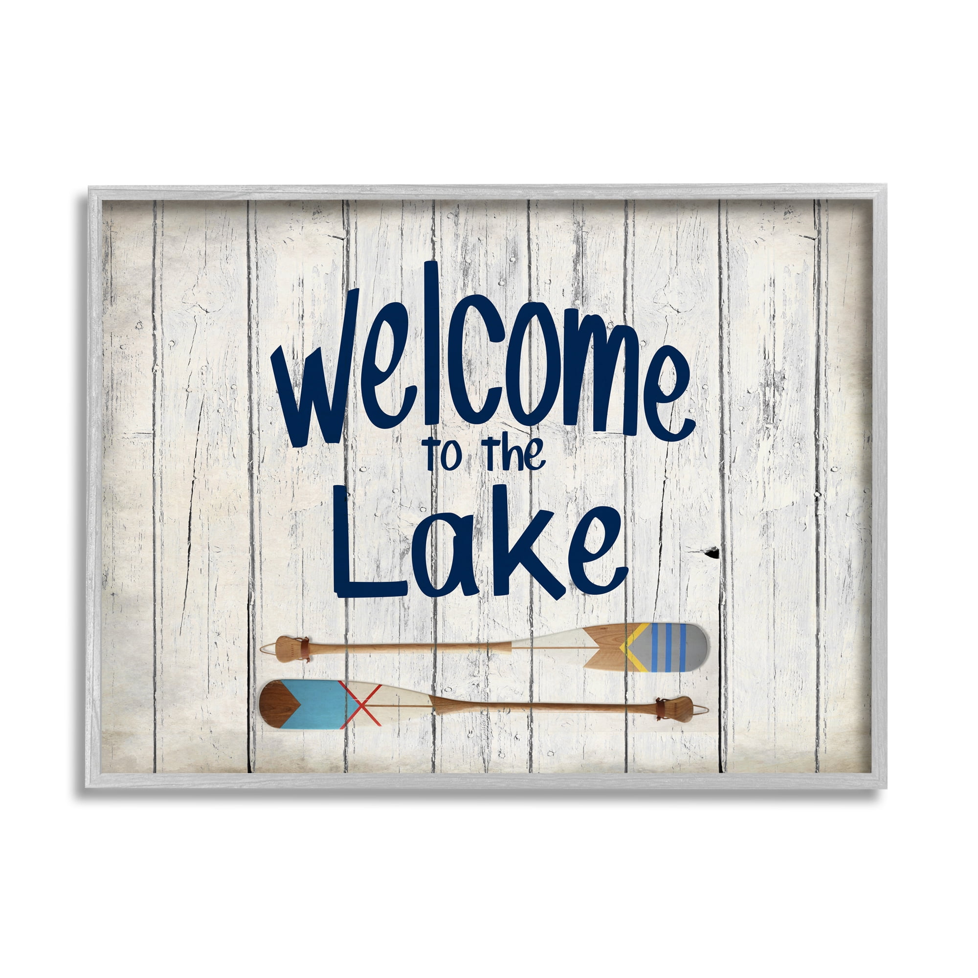Stupell Industries Welcome to Lake Greeting Boat Oars Lakehouse Blue Greeting Graphic Art Gray Framed Art Print Wall Art, 24x30, by Kimberly Allen