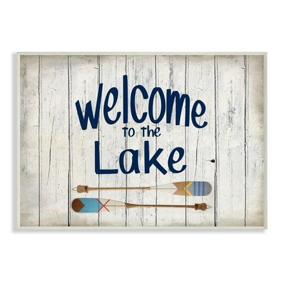 Stupell Industries Welcome to Lake Greeting Boat Oars Lakehouse Blue Greeting Graphic Art Unframed Art Print Wall Art, 13x19, by Kim Allen