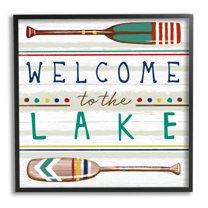Stupell Industries Welcome to Lake Striped Boat Oars Graphic Art Black Framed Art Print Wall Art, Design by Elizabeth Tyndall