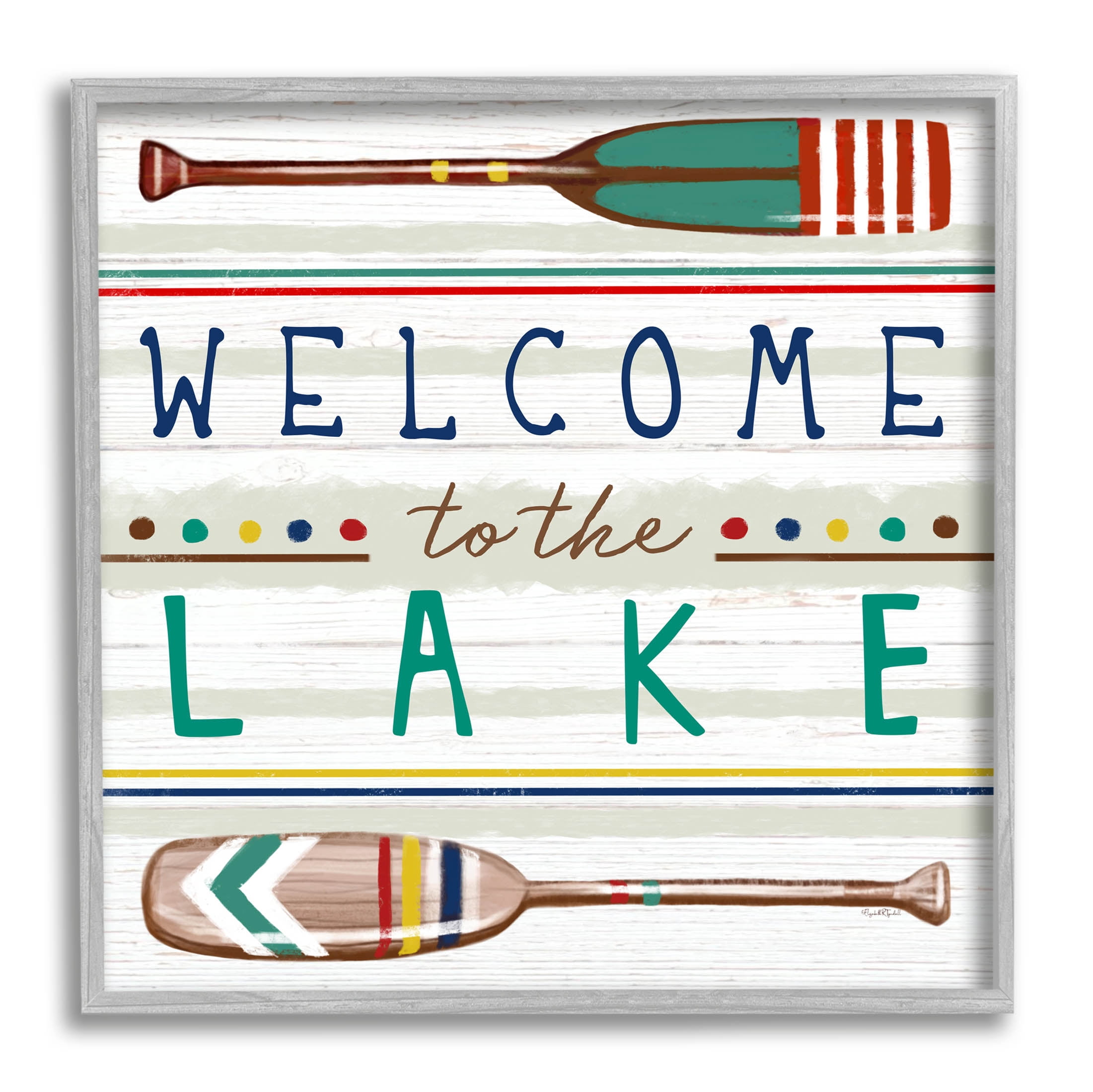 Stupell Industries Welcome to Lake Striped Boat Oars Graphic Art Gray Framed Art Print Wall Art, Design by Elizabeth Tyndall