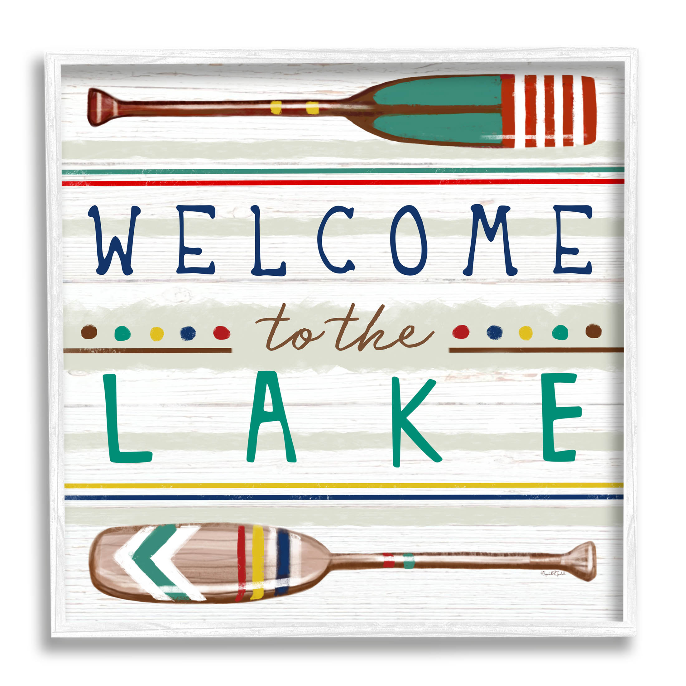 Stupell Industries Welcome to Lake Striped Boat Oars Graphic Art White Framed Art Print Wall Art, Design by Elizabeth Tyndall
