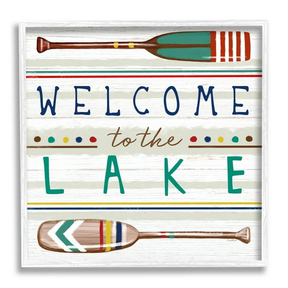 Stupell Industries Welcome to Lake Striped Boat Oars Graphic Art White Framed Art Print Wall Art, Design by Elizabeth Tyndall