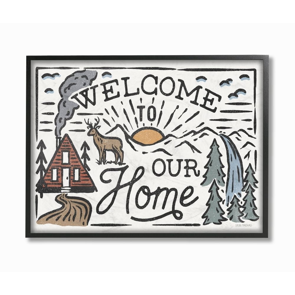 Stupell Industries Welcome to Our Home Greeting Cabin Forest Words Framed Wall Art Design by Laura Marshall, 16" x 20", Gray Framed