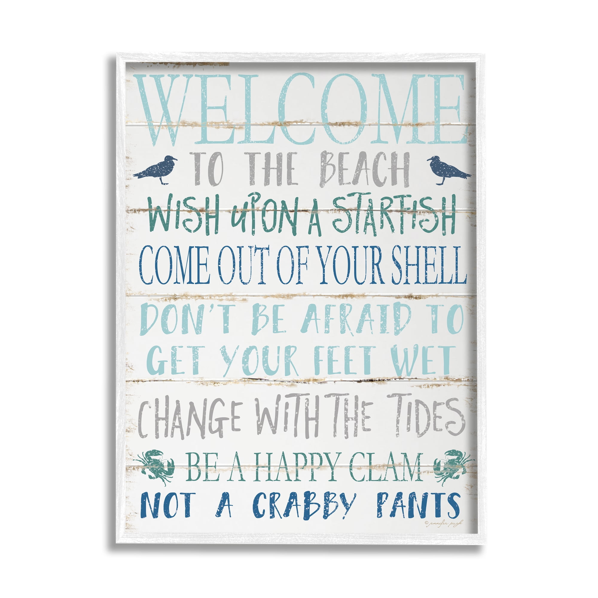 Stupell Industries Welcome to the Beach Blue Aqua and White Planked Look Sign Graphic Art Framed Art Print Wall Art, 24x30, By Jennifer Pugh