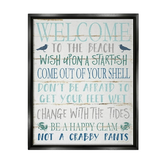 Stupell Industries Welcome to the Beach Blue Aqua and White Planked Look Sign Jet Black Framed Floating Canvas Wall Art, 24x30, by Jennifer Pugh