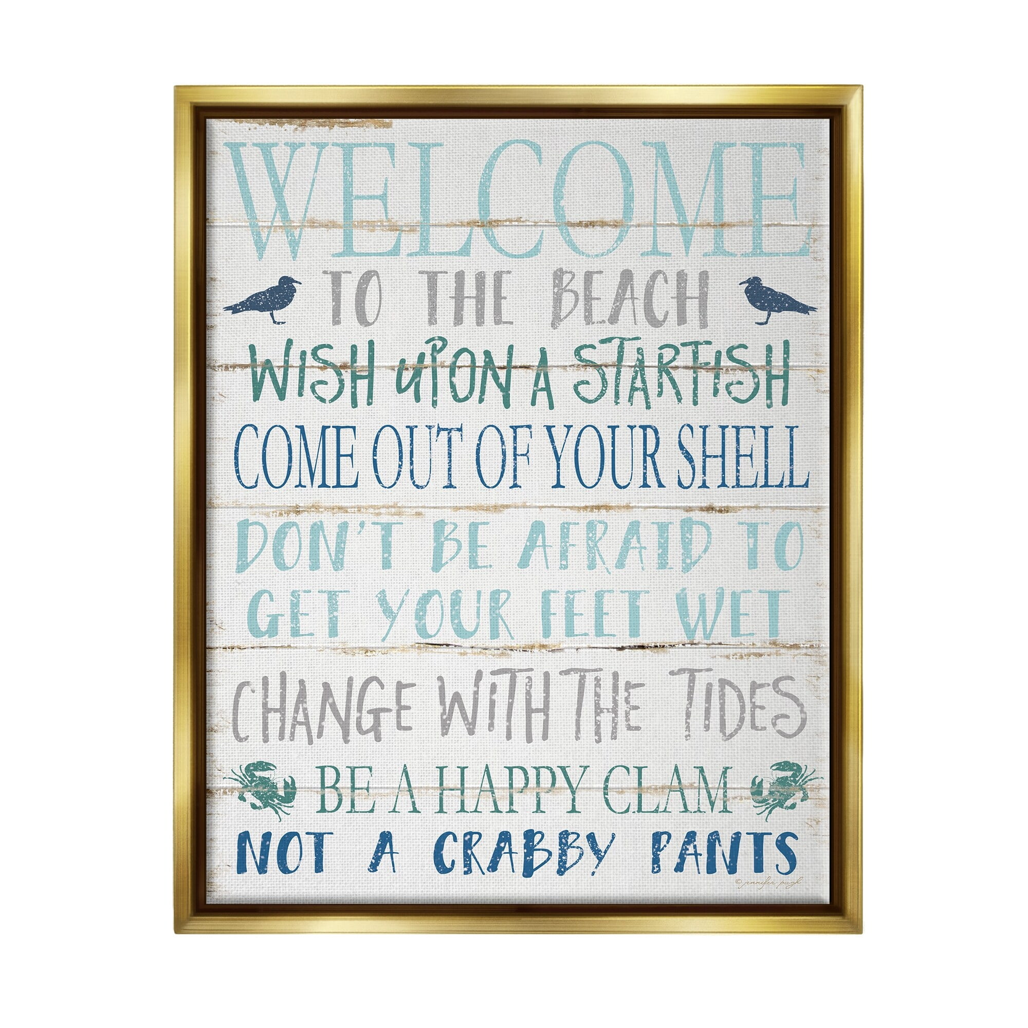 Stupell Industries Welcome to the Beach Blue Aqua and White Planked Look Sign Metallic Gold Framed Floating Canvas Wall Art, 16x20, by Jennifer Pugh